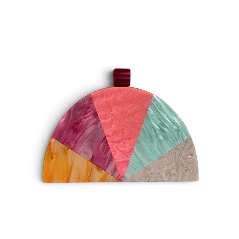 Half Moon Patchwork Acrylic Bag Purse Gold Chain Pink Blue Marble NWT Boho